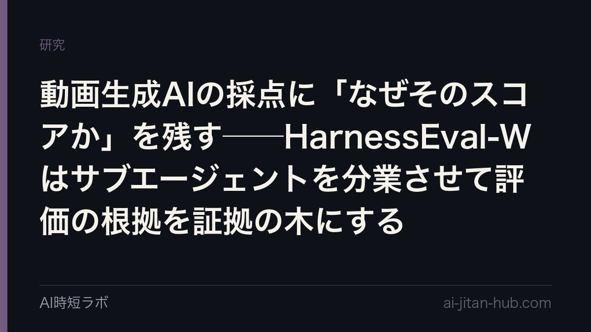 動画生成AIの採点に「なぜそのスコアか」を残す──HarnessEval-Wはサブエージェントを分業させて評価の根拠を証拠の木にするの記事画像