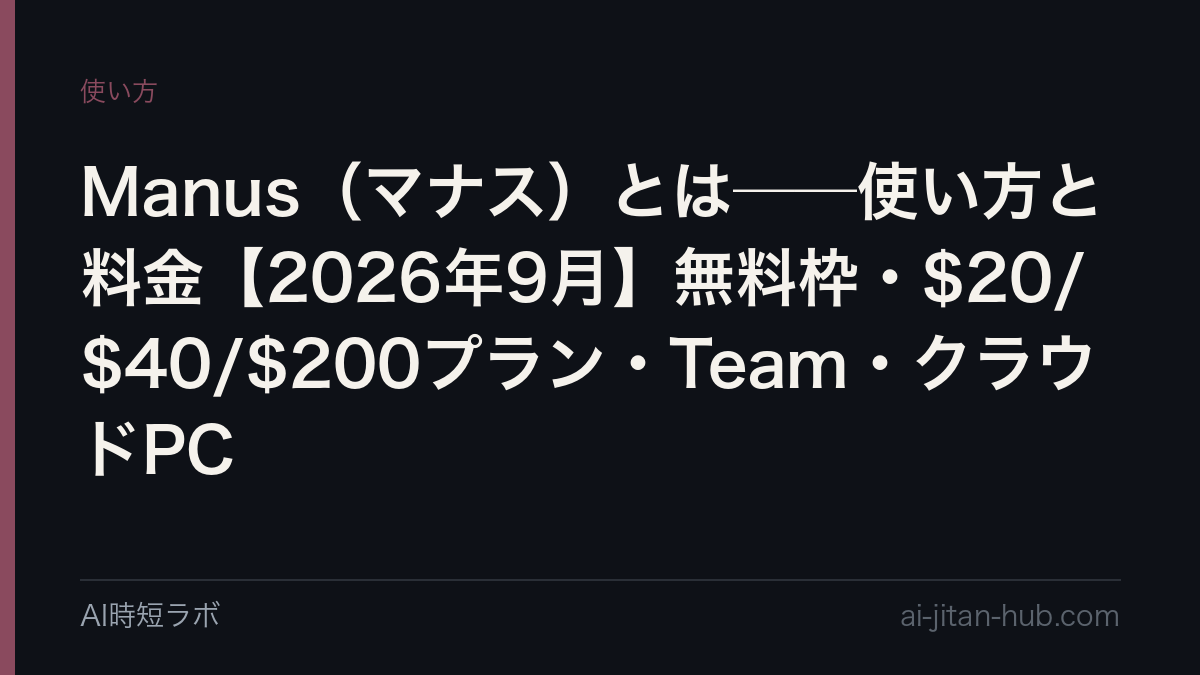 Manus（マナス）とは──使い方と料金【2026年9月版】。無料は毎日300クレジット（Manus 1.6 Liteのみ）、有料は月$20で4,000／$40で8,000／$200で40,000クレジット、Team $20/席〜。クラウドコンピューターは別料金（$10〜$50/月）、Meta買収から8か月で独立運営に戻った経緯までの記事画像