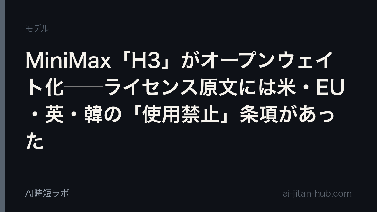 MiniMax「H3」がオープンウェイト化──ライセンス原文には米・EU・英・韓の「使用禁止」条項があったの記事画像