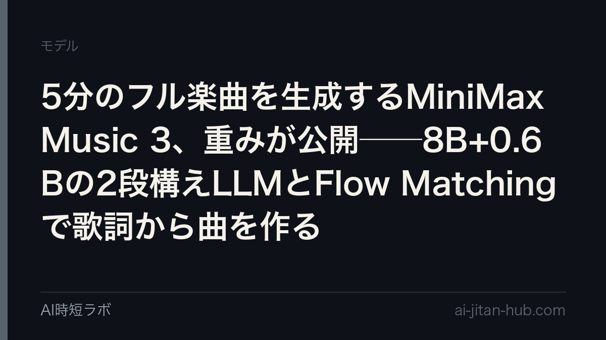 5分のフル楽曲を生成するMiniMax Music 3、重みが公開──8B+0.6Bの2段構えLLMとFlow Matchingで歌詞から曲を作るの記事画像