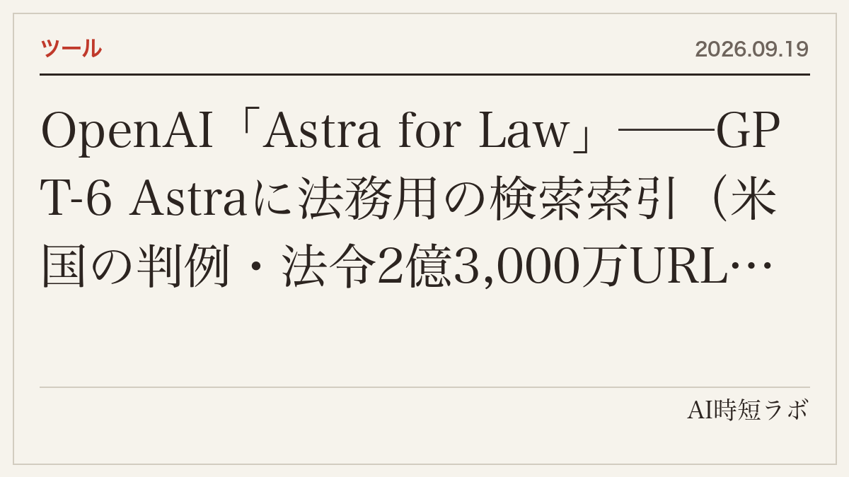 OpenAI「Astra for Law」──GPT-6 Astraに法務用の検索索引(米国の判例・法令2億3,000万URL超)と法的分析の指示を組み合わせた法律事務所向けの土台。Vals AIのLegal Research Benchで正答54.0%(Web検索のみは38.7%)。まずTrusted AccessでChatGPTとCodexに、APIは近日。ZDR、26プラグイン