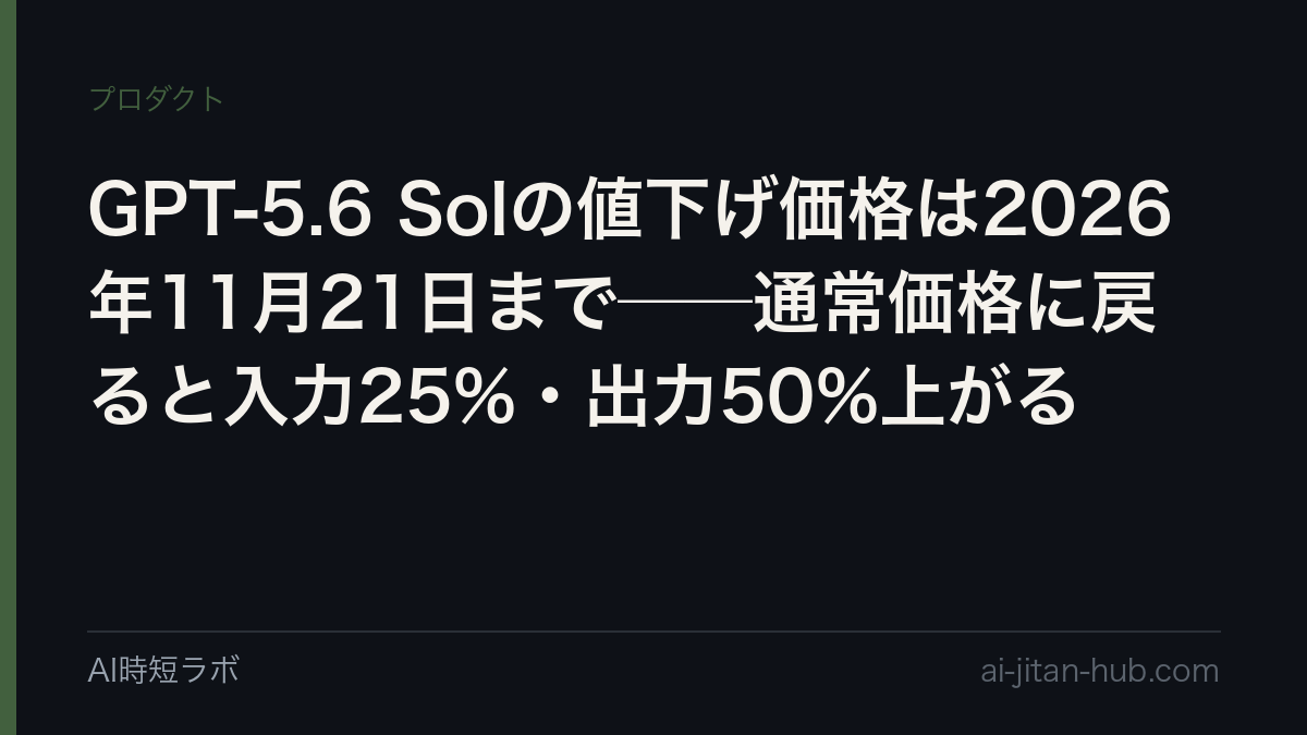 GPT-5.6 Solの値下げ価格は2026年11月21日まで──通常価格に戻ると入力25%・出力50%上がるの記事画像