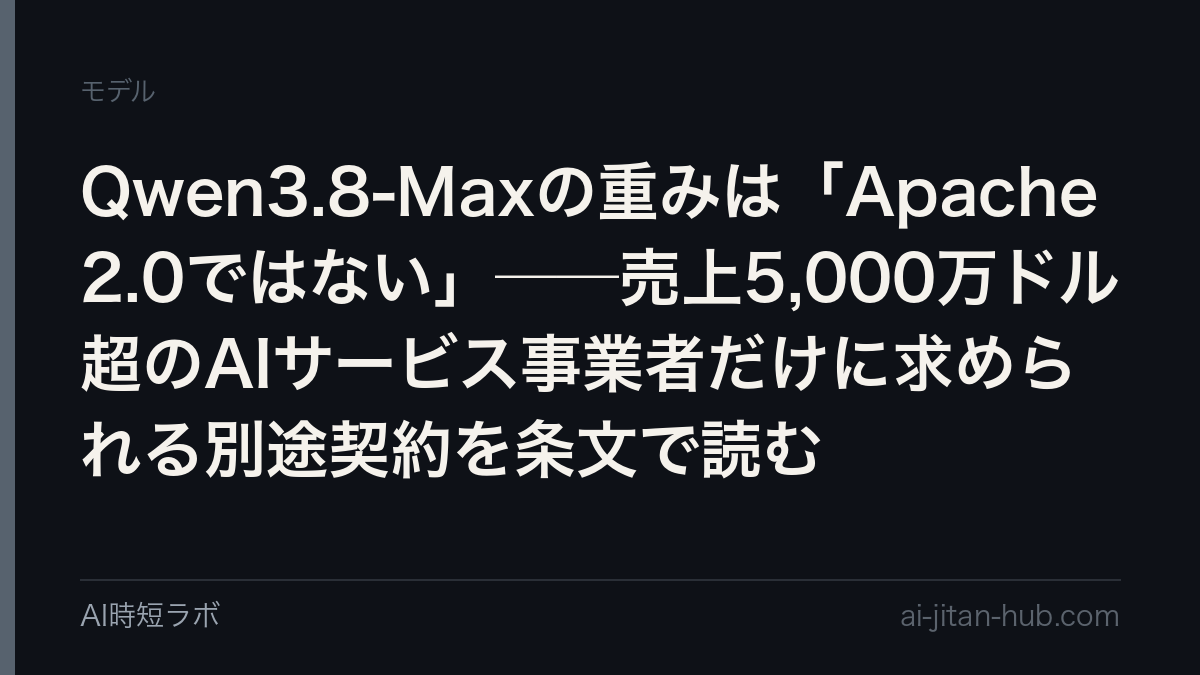 Qwen3.8-Maxの重みは「Apache 2.0ではない」──売上5,000万ドル超のAIサービス事業者だけに求められる別途契約を条文で読むの記事画像