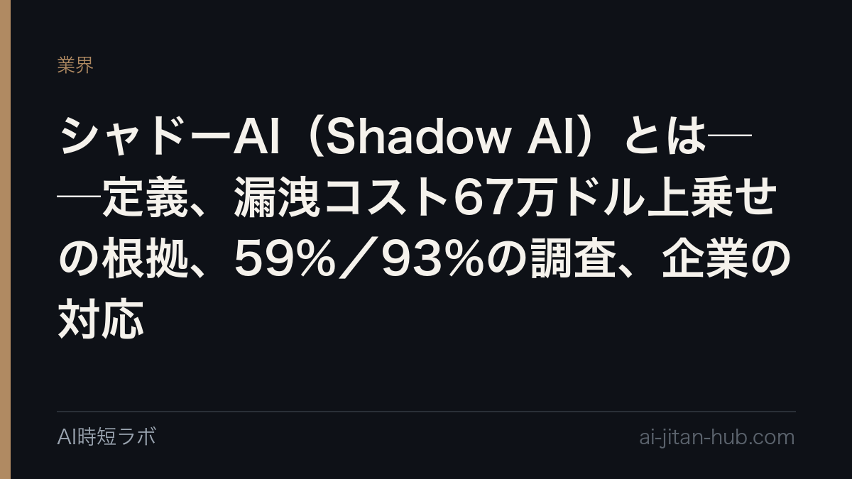シャドーAI(Shadow AI)とは──IT部門の承認なしに従業員がAIツールを使うこと。IBMの定義、漏洩コストが平均67万ドル上乗せされる根拠、AI関連の事故を起こした組織の97%に「AIのアクセス制御が無かった」、米従業員の59%・経営層の93%という調査、日本企業の方針策定率49.7%、そして「禁止」から「解禁+研修」へ動いたSamsungの例