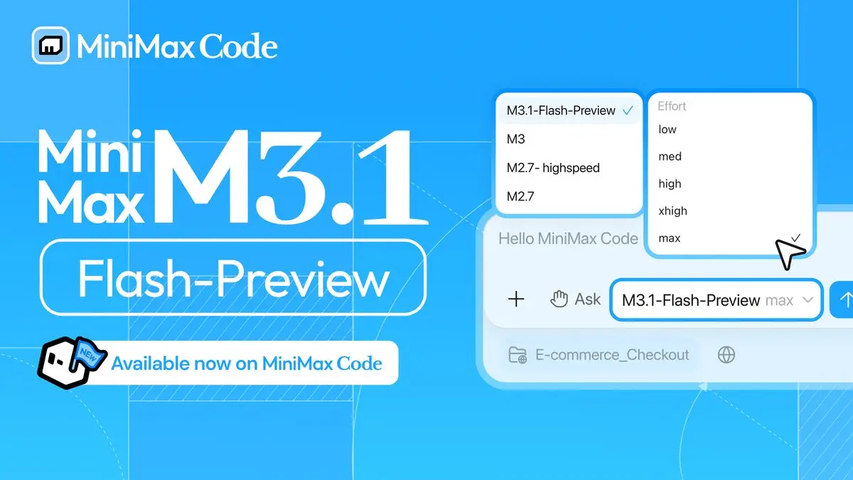 MiniMax公式の告知画像。MiniMax M3.1 Flash-Preview、Available now on MiniMax Code。モデル選択とEffortのメニュー