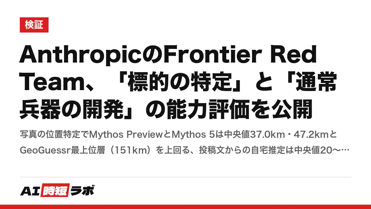 AnthropicのFrontier Red Team、「標的の特定」と「通常兵器の開発」の能力評価を公開──写真の位置特定でMythos PreviewとMythos 5は中央値37.0km・47.2kmとGeoGuessr最上位層（151km）を上回る、投稿文からの自宅推定は中央値20〜31km、3.7万語の分析を約11分。模擬ドローンの誘導もコードで改善