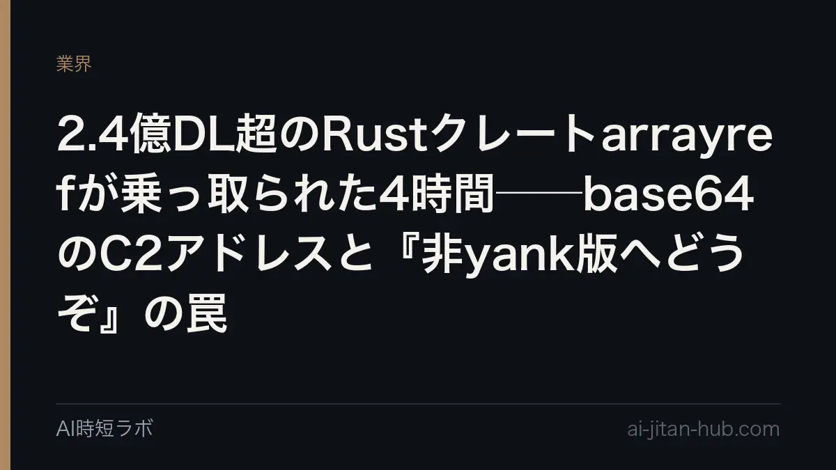 2.4億DL超のRustクレートarrayrefが乗っ取られた4時間──base64のC2アドレスと『非yank版へどうぞ』の罠の記事画像