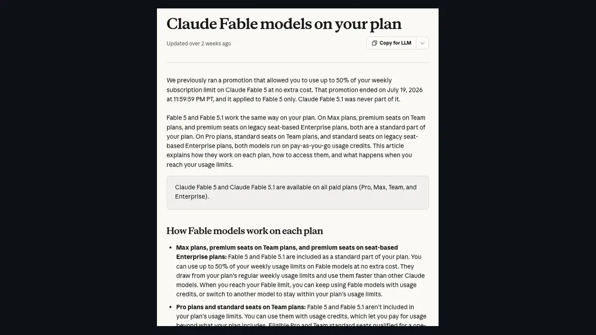 Anthropicヘルプセンター「Claude Fable models on your plan」の画面