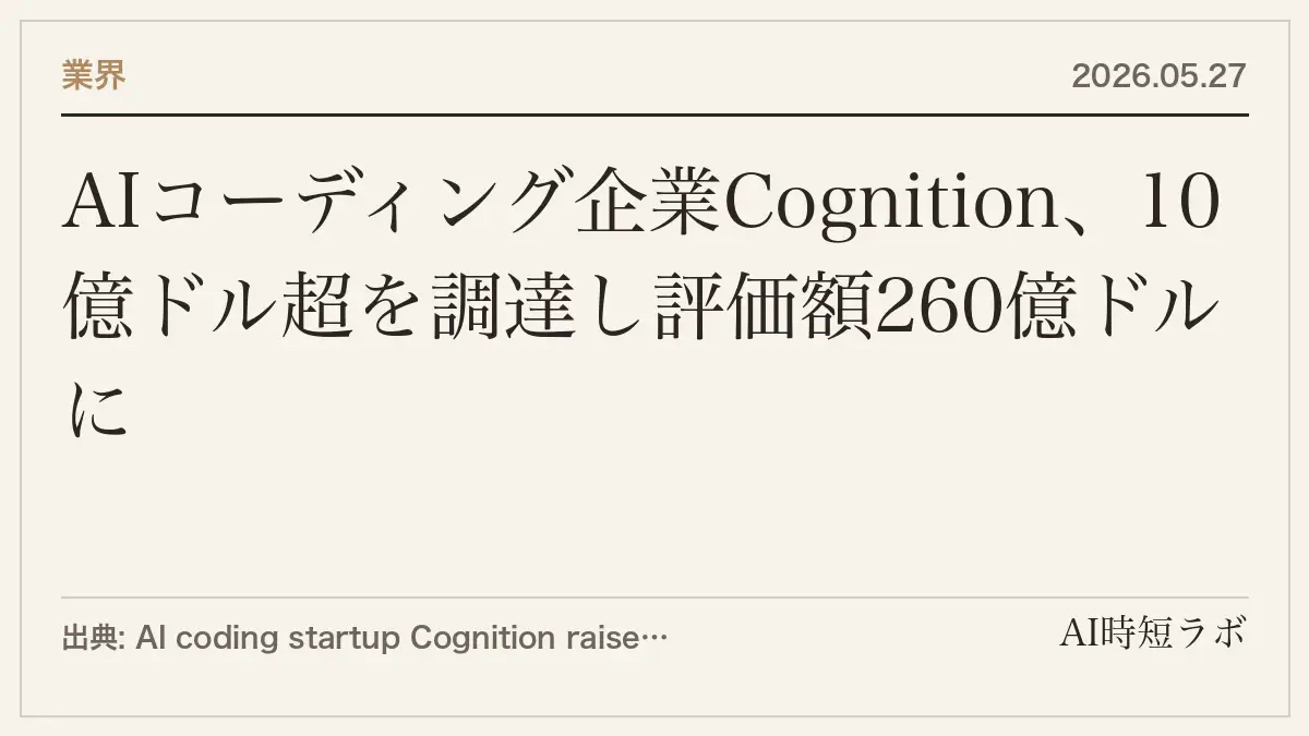 AIコーディング企業Cognition、10億ドル超を調達し評価額260億ドルにの記事画像