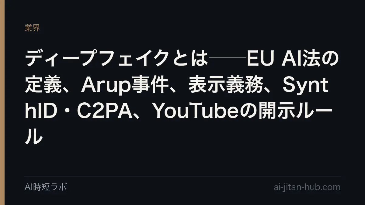 ディープフェイクとは──EU AI法の定義（第3条60号）「実在の人・物・場所・出来事に似せ、本物だと誤認させるAI生成・加工の画像・音声・動画」。Arupから2,560万ドルを取った偽ビデオ会議、Article 50の表示義務（2026年8月2日施行）、SynthID・C2PAの透かしと来歴、YouTubeの開示ルール、日本の景表法の位置を1ページにの記事画像