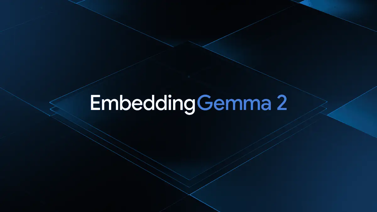 濃紺の背景に重なった薄い板と「EmbeddingGemma 2」の文字