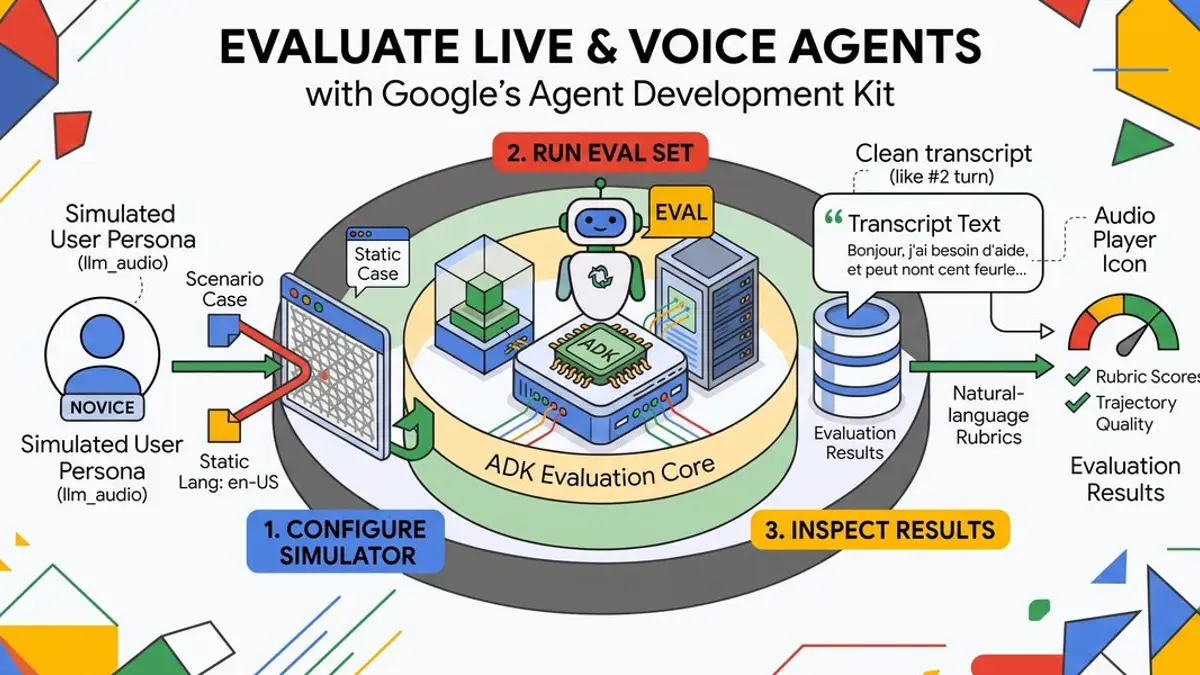 Google ADKに「ライブ・音声エージェントの評価」──模擬ユーザーがGemini TTSで話し、音声の返答をルーブリックで採点。名前確認→生年月日の検証（ツール呼び出し）→予約案内の3段ワークフローを、会話計画とペルソナ（NOVICE等）で即興させるか台本どおりに回す。test_config.jsonのlive_model_configを外せば同じケースをテキストで実行、CI/CDにもの記事画像