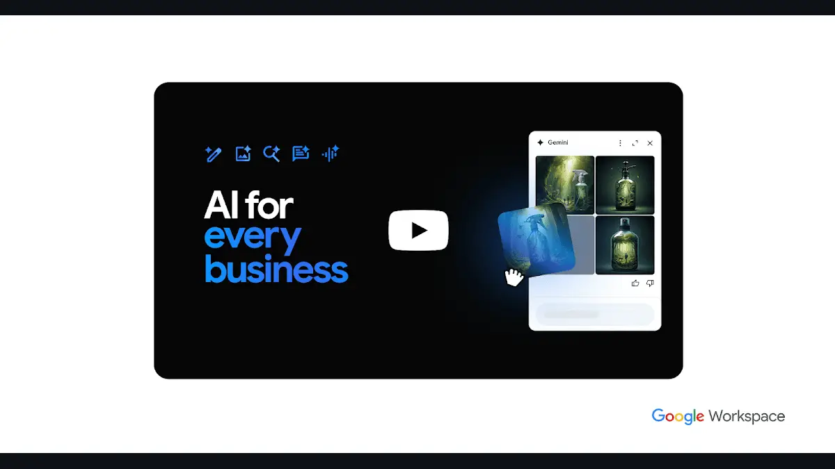 Google Workspaceの公式AI紹介画像（「AI for every business」の文字とGeminiのパネル）