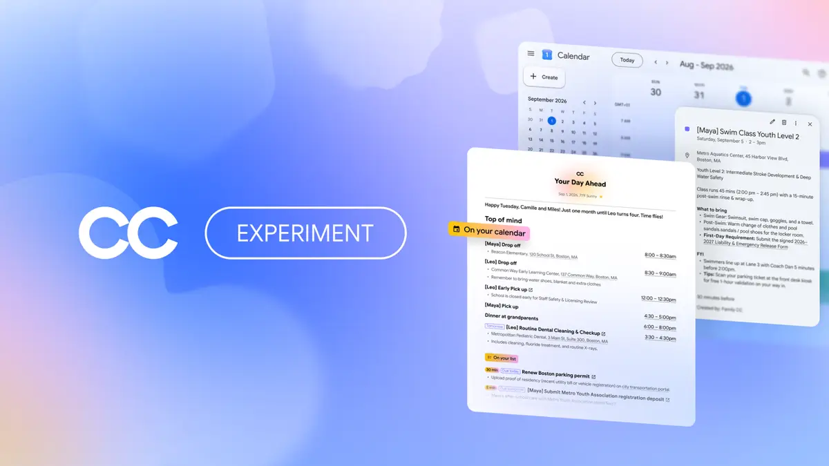 Google Labsの個人エージェント「CC」が家族向けに──CC自身が検証済みのGoogleアカウントを持ち、最大6人が共有。各人が選んだメール（学校・スイミング・動物病院）だけを読み、毎朝の共有ブリーフ、カレンダーとタスクの自動更新、許可を得て申込書PDFの記入や献立作成。隔離クラウドでAntigravityと最新Gemini。米国18歳以上、待機リストの記事画像