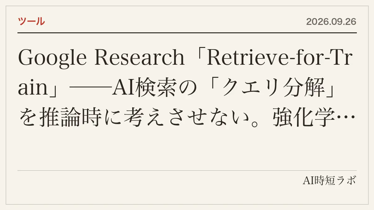 Google Research「Retrieve-for-Train」──AI検索の「クエリ分解」を推論時に考えさせない。強化学習で一度だけ良い分解を見つけ、5,390万パラメータの拡散モデルに焼き込んで一発生成。自己回帰の12〜20倍速く、大きなバッチで50秒近くかかる処理が数秒に