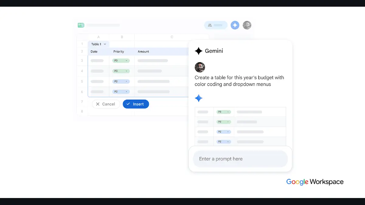 Google Workspaceの紹介ページにある、スプレッドシートのサイドパネルでGeminiに表の作成を頼む画面の画像