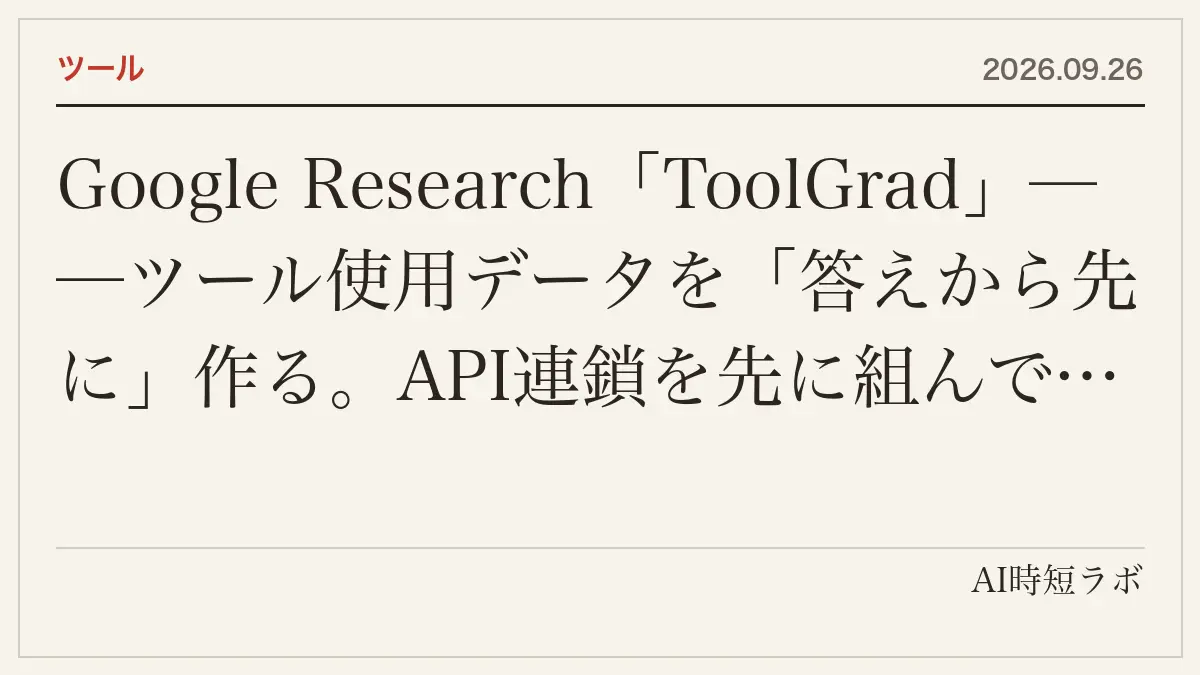 Google Research「ToolGrad」──ツール使用データを「答えから先に」作る。API連鎖を先に組んでから質問を書く逆順で合格率ほぼ100%、Gemma 3 12Bの微調整版がBFCLで83.1（Gemini 2.5 Pro 83.2・Claude 4.5 Opus 82.8・GPT-5 74.4と並ぶ）。教師のGemini 2.5 Flash-Liteを生徒が上回るの記事画像