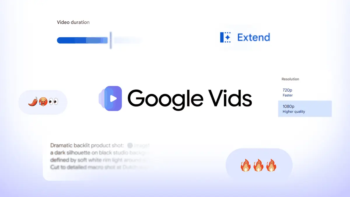 Google公式ブログの発表ページのヘッダー画像。「Video duration」のスライダー、「Extend」ボタン、720p／1080pの解像度選択が描かれている