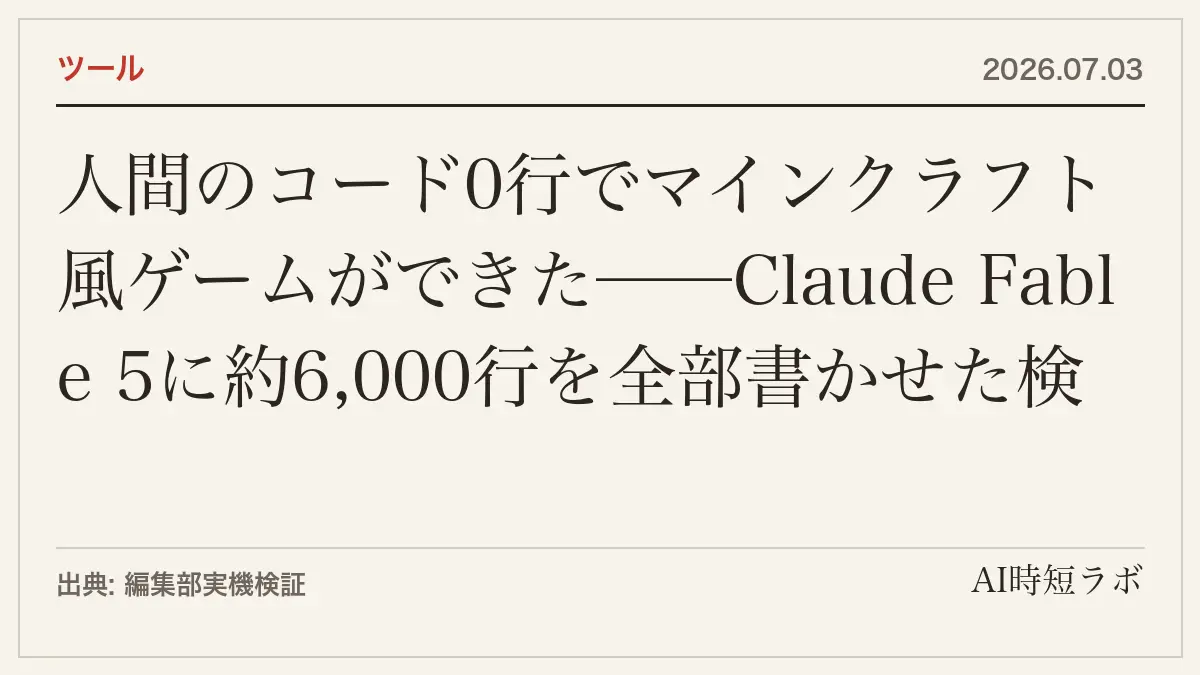 人間のコード0行でマインクラフト風ゲームができた──Claude Fable 5に約6,000行を全部書かせた検証記録の記事画像