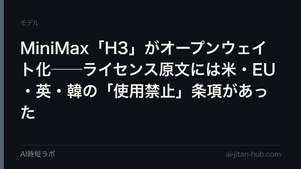 MiniMax「H3」がオープンウェイト化──ライセンス原文には米・EU・英・韓の「使用禁止」条項があったの記事画像