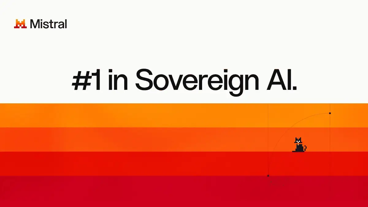 Mistralのロゴと「#1 in Sovereign AI.」の文字、オレンジから赤の帯の上にドット絵の黒猫