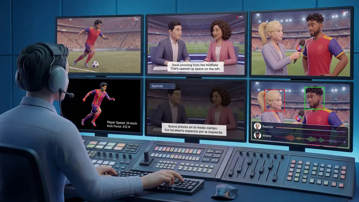 NVIDIA、IBC 2026で「AI for Media」を拡張──AI生成動画の判定「Synthetic Video Detector」はテキスト→動画で99.3%・画像→動画で97.7%の精度になり、Dalet・TwelveLabs・Wowzaが組み込み。フレーム生成（リプレイで6倍スロー）、超解像の10ビット対応、SDR→HDR変換、LipSync、Studio Voiceの記事画像