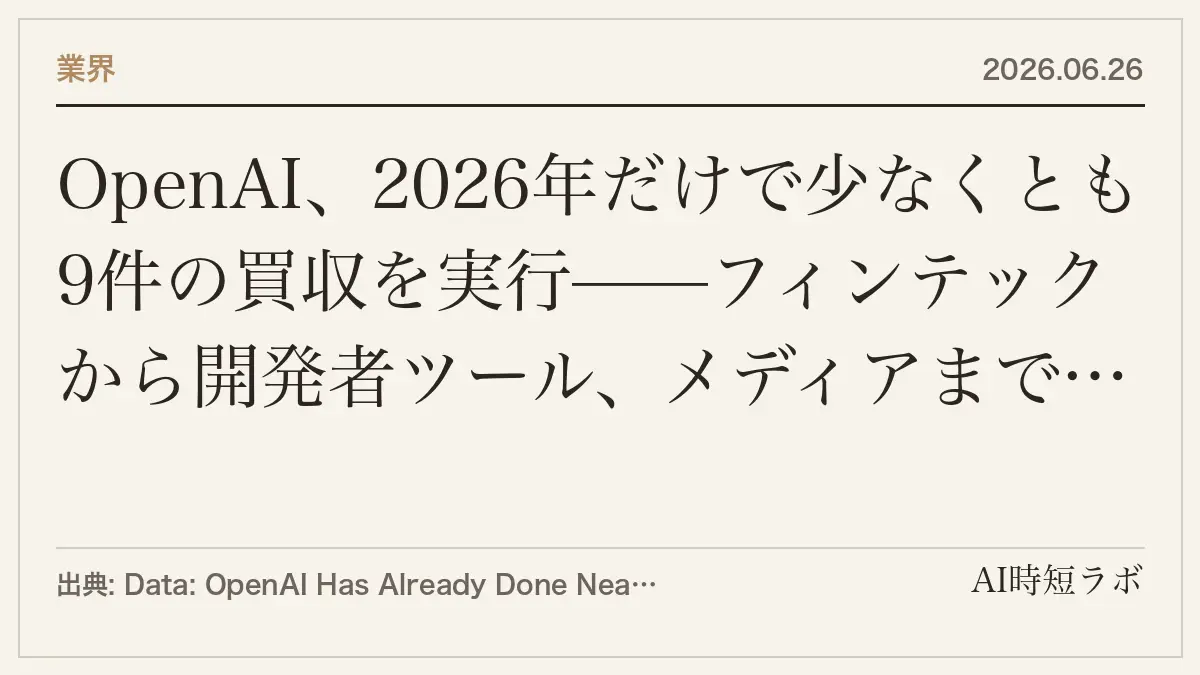 OpenAI、2026年だけで少なくとも9件の買収を実行——フィンテックから開発者ツール、メディアまで「垂直統合」加速の記事画像