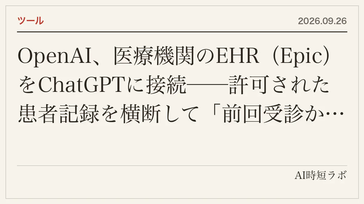 OpenAI、医療機関のEHR（Epic）をChatGPTに接続──許可された患者記録を横断して「前回受診から何が変わったか」を要約。ClinicalTrials.gov・PubMed・DailyMedなど9つの公的医療情報源を束ねたプラグインも。27の臨床ユースケース4,363件の医師評価で99.1%が「安全」。パイロットはUCSF Healthの記事画像
