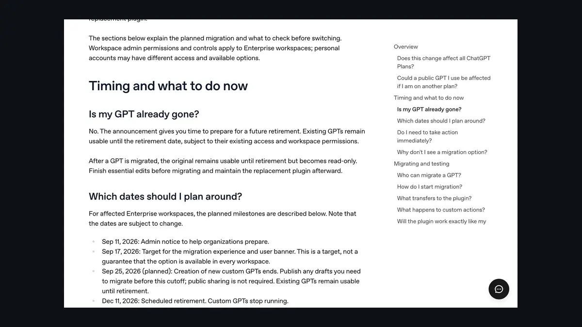 OpenAI、カスタムGPTを廃止へ──廃止予定日は12月11日、Enterpriseの新規作成終了は10月26日に延期、移行先は「プラグイン」の記事画像