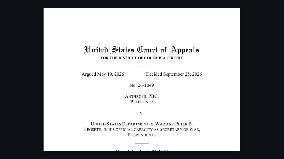 Anthropic PBC v. U.S. Department of War の判決文の表紙（2026年9月25日判決・No.26-1049）