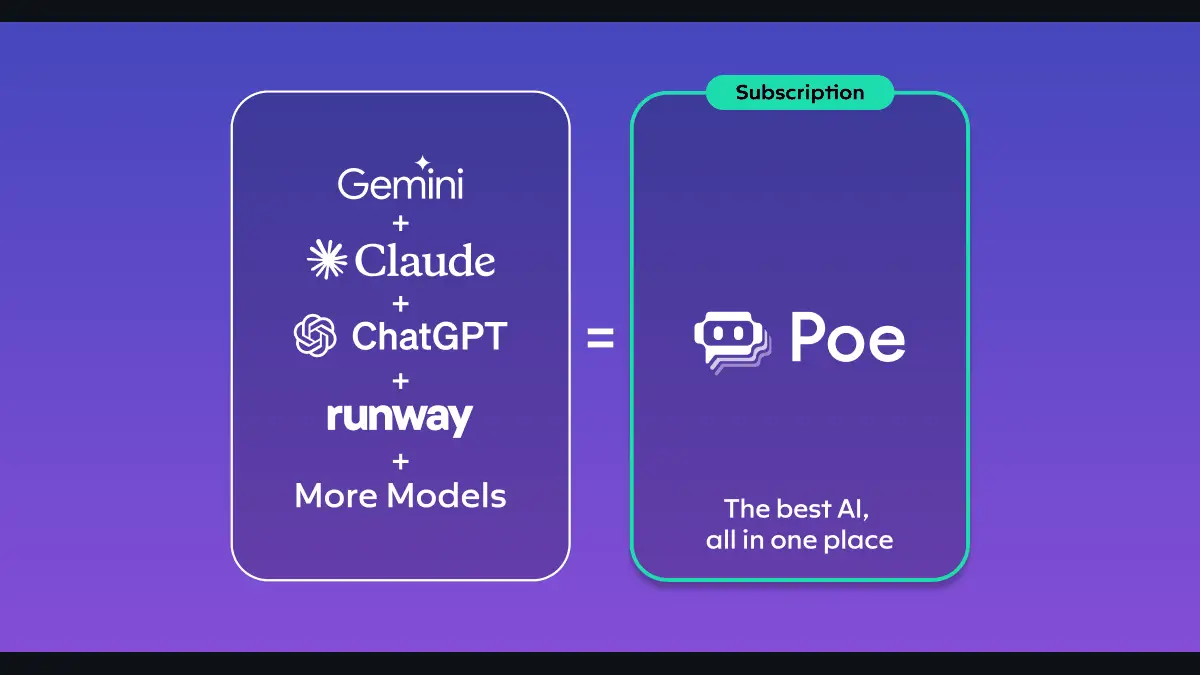 Poe公式のサブスクリプションページOGP画像。Gemini・Claude・ChatGPT・Runwayなど複数モデルのロゴが「Poe」1つのアイコンに集約される構成
