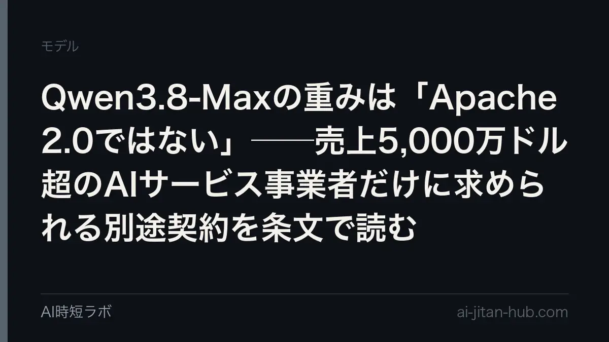 Qwen3.8-Maxの重みは「Apache 2.0ではない」──売上5,000万ドル超のAIサービス事業者だけに求められる別途契約を条文で読むの記事画像