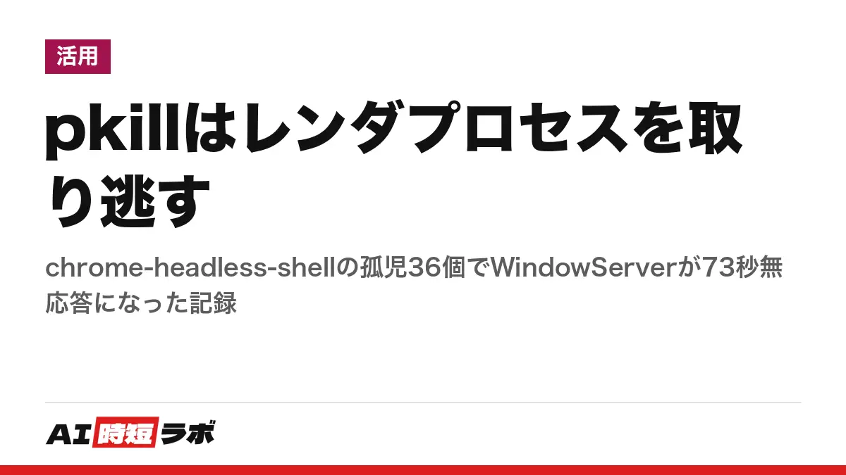 pkillはレンダプロセスを取り逃す──chrome-headless-shellの孤児36個でWindowServerが73秒無応答になった記録
