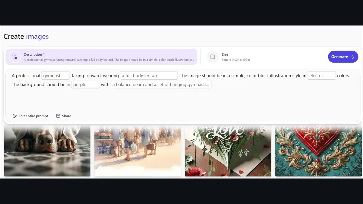 Microsoftサポートのページに載っているMicrosoft Designerの「AI で作成」画面(英語UI)。説明文の入力欄と、サイズ欄の「Square (1024 x 1024)」、画像のサムネイルが並ぶ