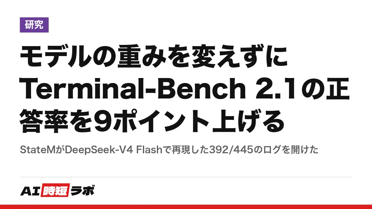 モデルの重みを変えずにTerminal-Bench 2.1の正答率を9ポイント上げる──StateMがDeepSeek-V4 Flashで再現した392/445のログを開けたの記事画像